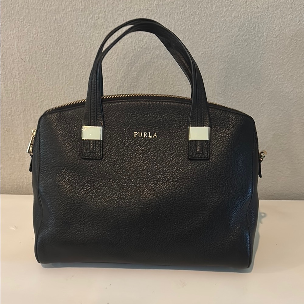 Furla Black Leather Satchel with Gold Hardware